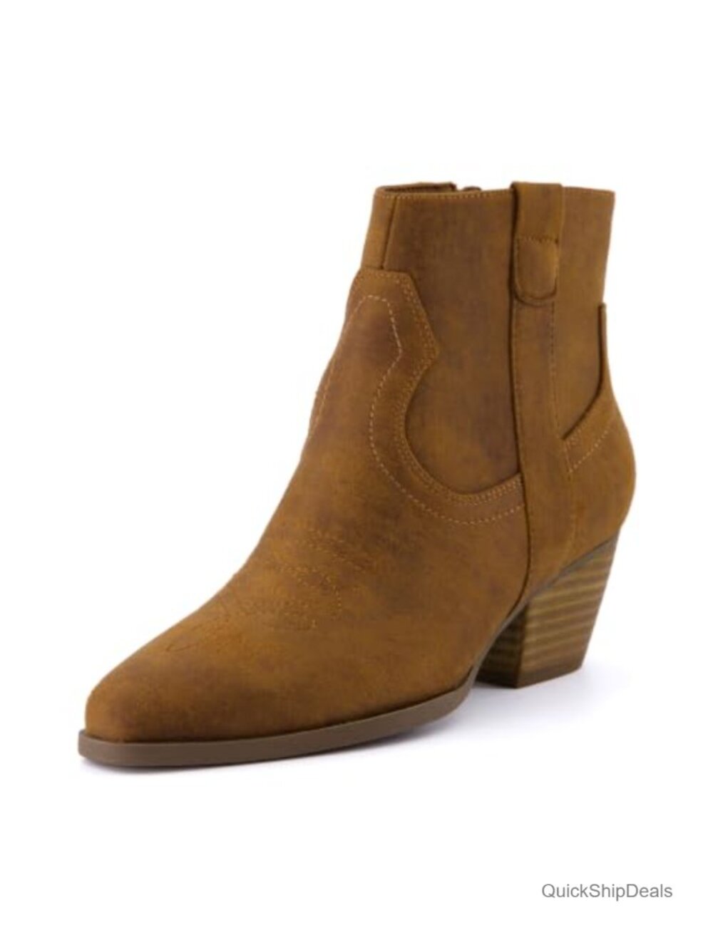 Vegan Leather Western Ankle Booties with Memory Foam Block Heel Pointed Toe